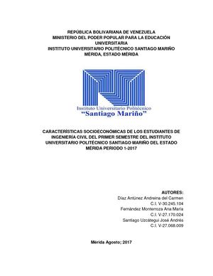 Caracteristicas Socioeconomicas De Los Estudiantes De Ingenieria Civil De Primer Semestre Del Santiago Mariño