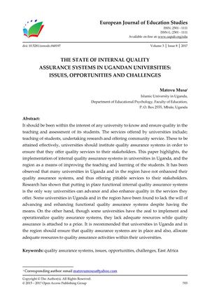 THE STATE OF INTERNAL QUALITY  ASSURANCE SYSTEMS IN UGANDAN UNIVERSITIES:  ISSUES, OPPORTUNITIES AND CHALLENGES