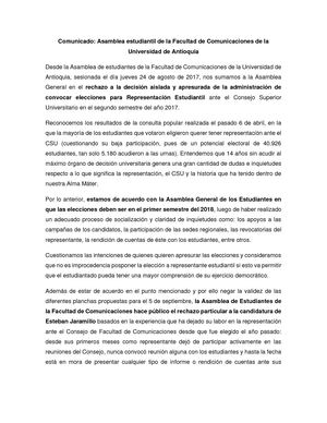 Comunicado Facultad de Comunicaciones 24 Agosto 2017