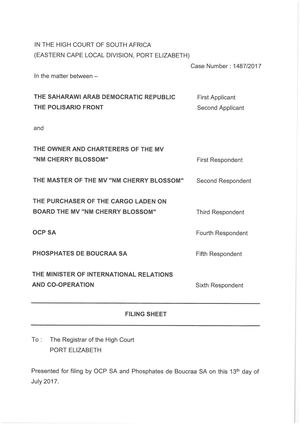 OCP Cherry Blossom - letter of denunciation - registry of the south african court