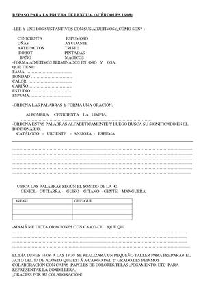 Repaso Para La Prueba De Lengua