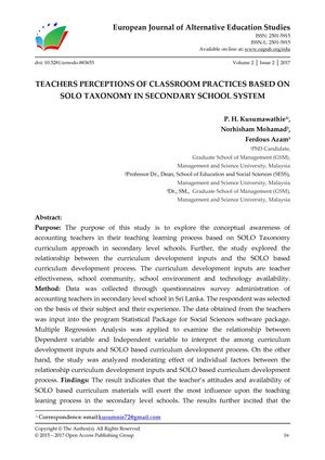 TEACHERS PERCEPTIONS OF CLASSROOM PRACTICES BASED ON SOLO TAXONOMY IN SECONDARY SCHOOL SYSTEM
