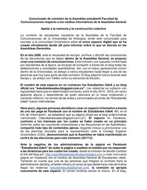Comunicado De Comisión De La Asamblea Estudiantil Facultad De Comunicaciones Respecto A Los Medios Informativos De La Asamblea General