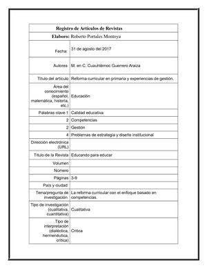 Reforma Curricular En Primaria Y Experiencias De Gestión Ficha De Investigación