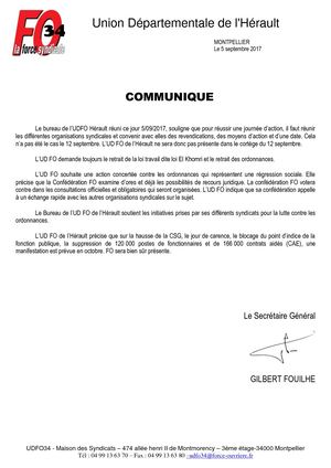UD FO 34 - Communiqué du 05-9-2017