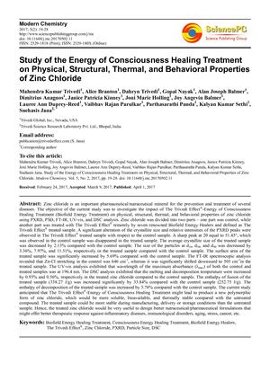 Trivedi Effect – Study of the Energy of Consciousness Healing Treatment on Physical, Structural, Thermal, and Behavioral Properties of Zinc Chloride
