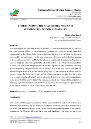 UNDERSTANDING THE ANARTHROUS PREDICATE  ΥἱὸΣ ΘΕΟῦ ‘SON OF GOD’ IN MARK 15:39