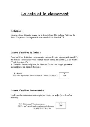 La Cote et le Classement