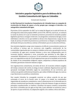 Iniciativa popular legislativa para la defensa de la Gestión Comunitaria del Agua en Colombia