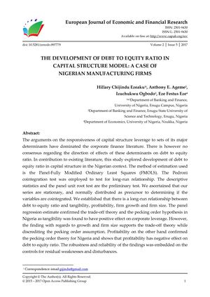 THE DEVELOPMENT OF DEBT TO EQUITY RATIO IN  CAPITAL STRUCTURE MODEL: A CASE OF  NIGERIAN MANUFACTURING FIRMS