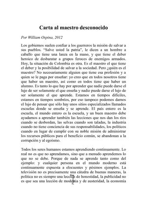 Carta Al Maestro Desconocido - William Ospina
