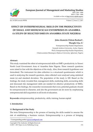 EFFECT OF ENTREPRENEURIAL SKILLS ON THE PRODUCTIVITY OF SMALL AND MEDIUM SCALE ENTERPRISES IN ANAMBRA  (A STUDY OF SELECTED SMES IN ANAMBRA STATE NIGERIA)