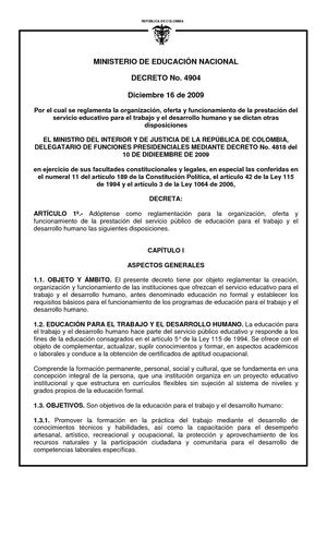 Decreto 4904 Educacion Para El Trabajo Y El Desarrollo Humano