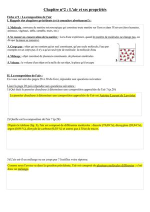 4e - Chapitre 2 Fiche 1 Composition De L'air Correction