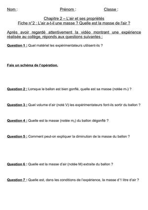 4e - Chapitre 2 - Fiche 2 Masse De L'air V Elèves
