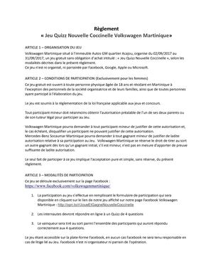 Règlement Jeu Quizz Volkswagen Martinique