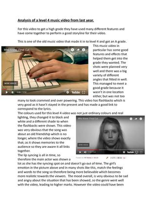 Analysis Of A Level 4 Music Video From Last Year