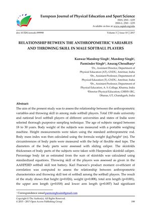 RELATIONSHIP BETWEEN THE ANTHROPOMETRIC VARIABLES AND THROWING SKILL IN MALE SOFTBALL PLAYERS