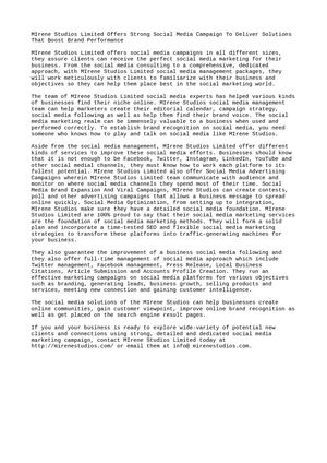 Mirene Studios Limited Offers Strong Social Media Campaign To Deliver Solutions That Boost Brand Performance