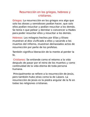Resurrección En Los Griegos, Hebreos Y Cristianos