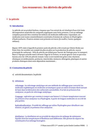 BTS 1 : Les Dérivés Du Pétrole Cours Élève