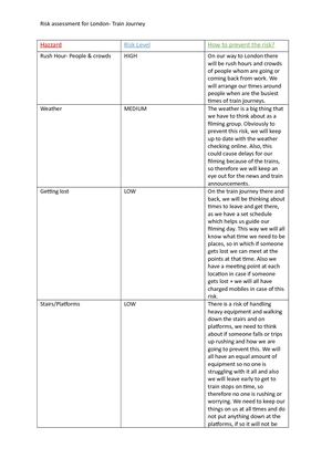 Risk Assesment sheet- Part5 Train Journey There & Back