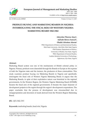 PRODUCE BUYING AND MARKETING BOARDS IN NIGERIA:  INTERROGATING THE FISCAL ROLE OF WESTERN NIGERIA MARKETING BOARD 1942-1962