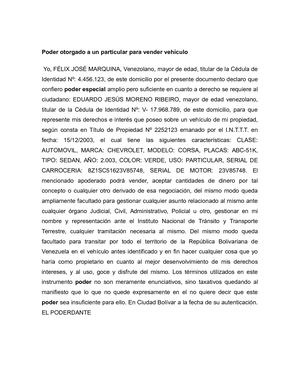 Poder Otorgado A Un Particular Para Vender Vehículo