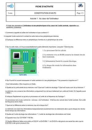 Fiche Eleve Au Coeur De L'ordinateur 2017