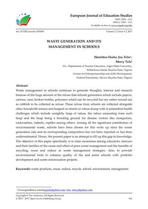 WASTE GENERATION AND ITS  MANAGEMENT IN SCHOOLS
