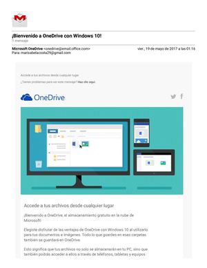 Gmail ¡Bienvenido A One Drive Con Windows 10!