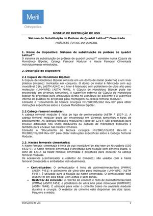 Instruções De Uso de Prótese de Quadril Latitud™ Cimentado.