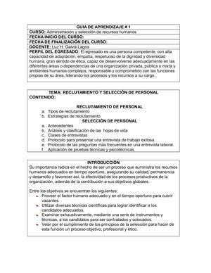 Guia De Aprendizaje # 1 Reclutamiento Y Selección De Personal