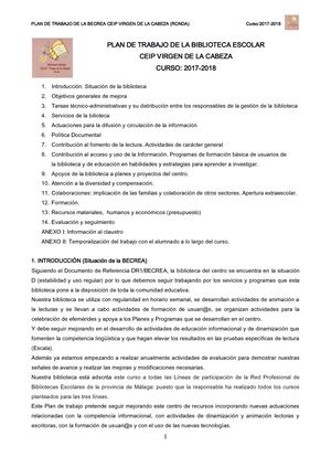 Plan De Trabajo De La Biblioteca Escolar Completo 2017 2018