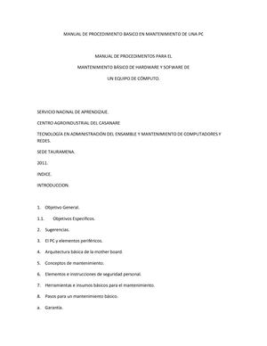 Manual De Procedimiento De Mantenimientos De Una Pc