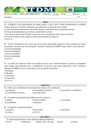 SIMULADO 6º Ano EF (Inglês, Ciências, História, Arte, Matemática, Português, Geografia, Ed. Física).