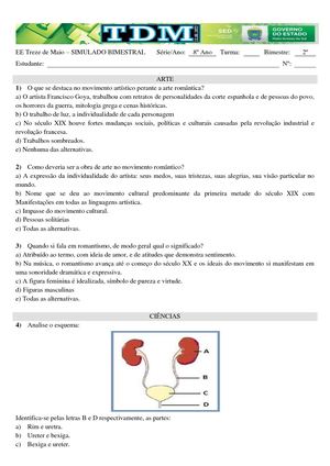SIMULADO 8º Ano EF (Ciências, Inglês, Português, História, Ed. Física, Geografia, Arte, Matemática).