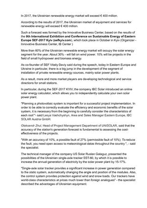 In 2017, the Ukrainian renewable energy market will exceed € 400 million
