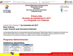 Primera lista  Revisión de expedientes II- 2017 para Pregrado sede Cabimas