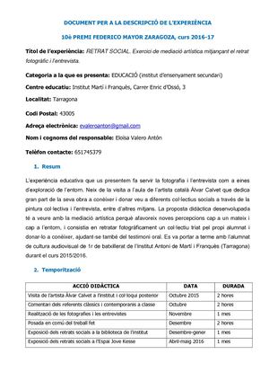 RETRAT SOCIAL. Exercici de mediació artística mitjançant el retrat fotogràfic i l’entrevista (Institut Martí i Franquès)