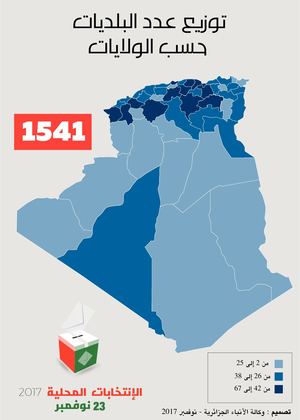 توزيع عدد البلديات حسب الولايات