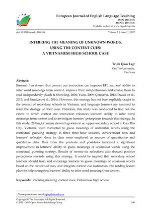 INFERRING THE MEANING OF UNKNOWN WORDS,  USING THE CONTEXT CUES:  A VIETNAMESE HIGH SCHOOL CASE