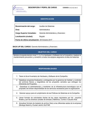 Descripción Del Cargo Del Auxiliar De Sistemas