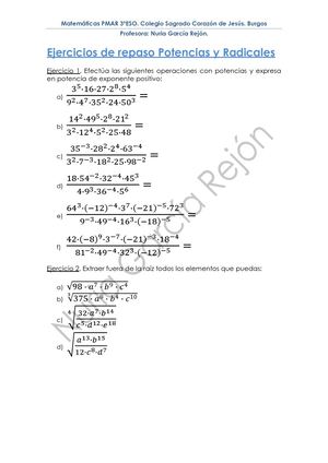 Ejercicios De Repaso Potencias Y Radicales