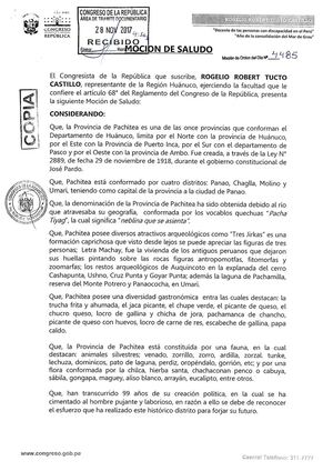 Moción de Saludo por los 99° Aniversario de la Provincia de PACHITEA