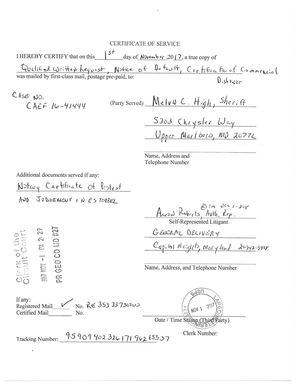 Certificate of Service to PG County Sheriff Melvin C. High