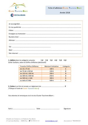 Cluster Tourisme Béarn : fiche d'adhésion