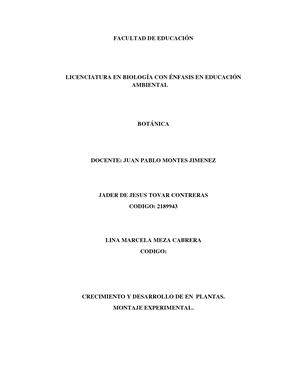 Montaje Experimental. Crecimiento Desarrollo y en las Plantas.