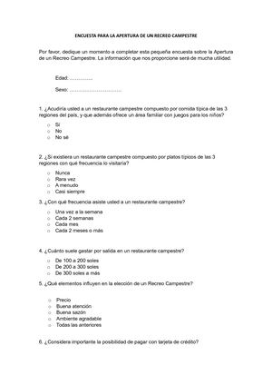 Encuesta De Apertura De Un Recreo Campestre