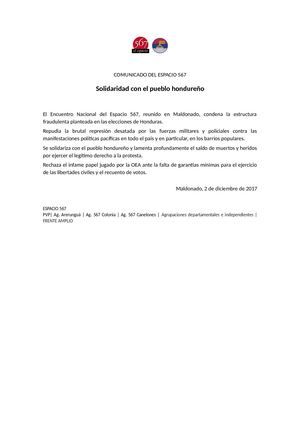 Solidaridad Pueblo Hondure O E567